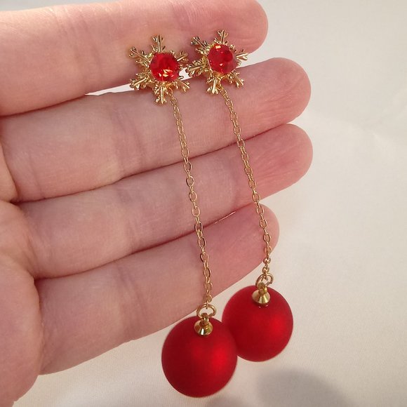 Jewelry - Gold Snowflake Red Zircon Tassel Red Ball Dangle Earrings New Holiday Festive